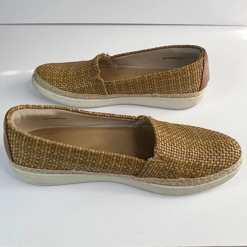 Trotters Woven Espadrille Slip On Flats Tan Brown Leather‎ Accent Women Size 10N